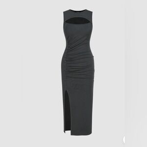 ROUND NECKLINE SOLID RUCHED SPLIT MIDI DRESS Dark Grey Cider